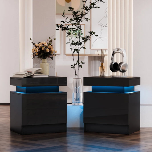Modern High Gloss LED Nightstand Table with 2 Drawers 